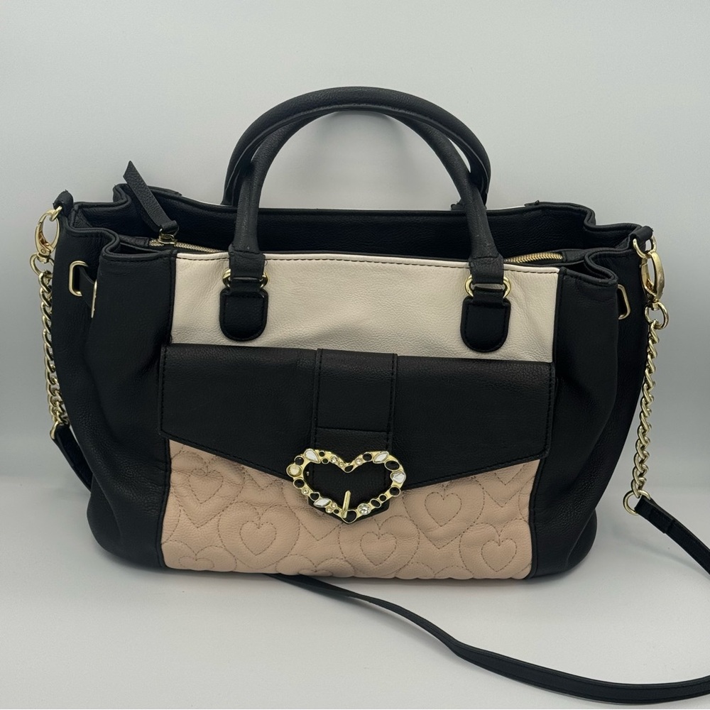 Betsey Johnson Chic Black and Cream Quilted Hearts Satchel with Jewel Detail